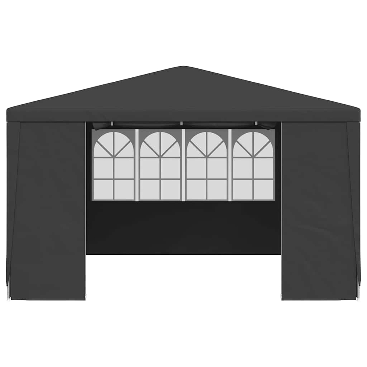 Carpa gris oscuro con cuatro ventanas arqueadas y techo a dos aguas.