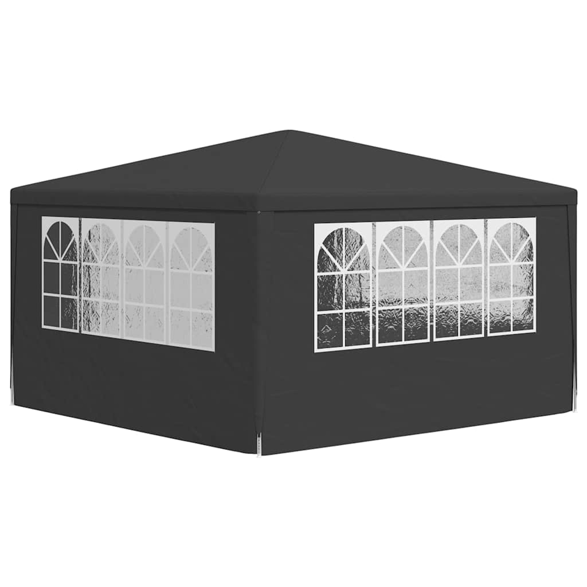 Un gazebo oscuro con techo rectangular y múltiples ventanas.