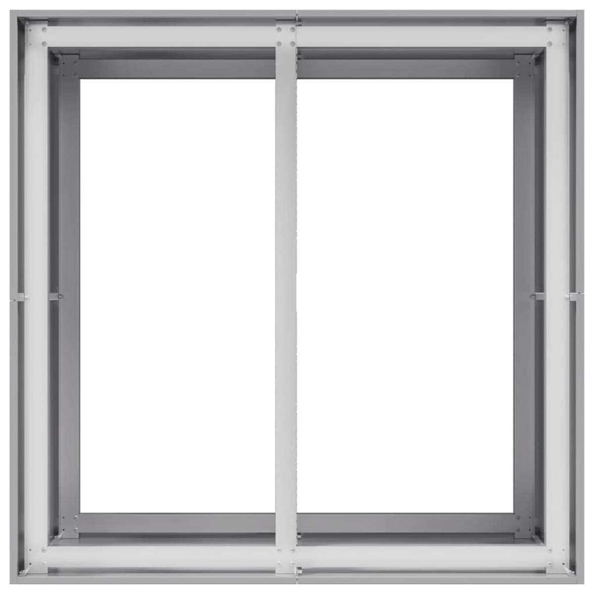 Una cornice in metallo grigio con due montanti verticali e una guida centrale orizzontale.
