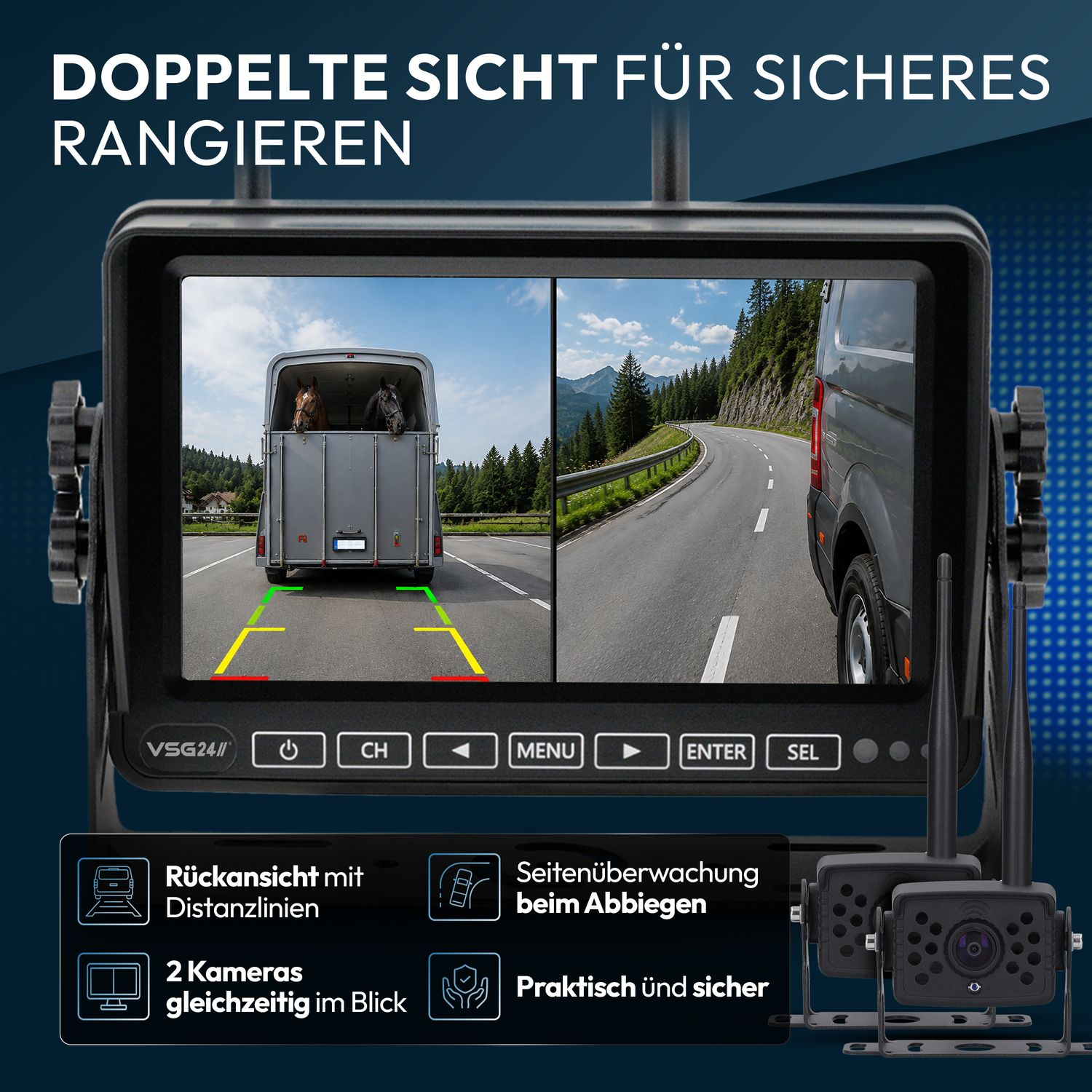 Monitor zeigt Rückansicht eines Hängers mit Pferden und Seitenansicht einer Straße.