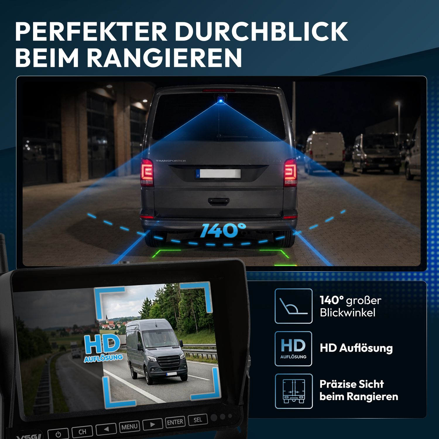 Rückfahrkamera-System mit 140 Grad Weitwinkel, HD-Auflösung und Parklinien.