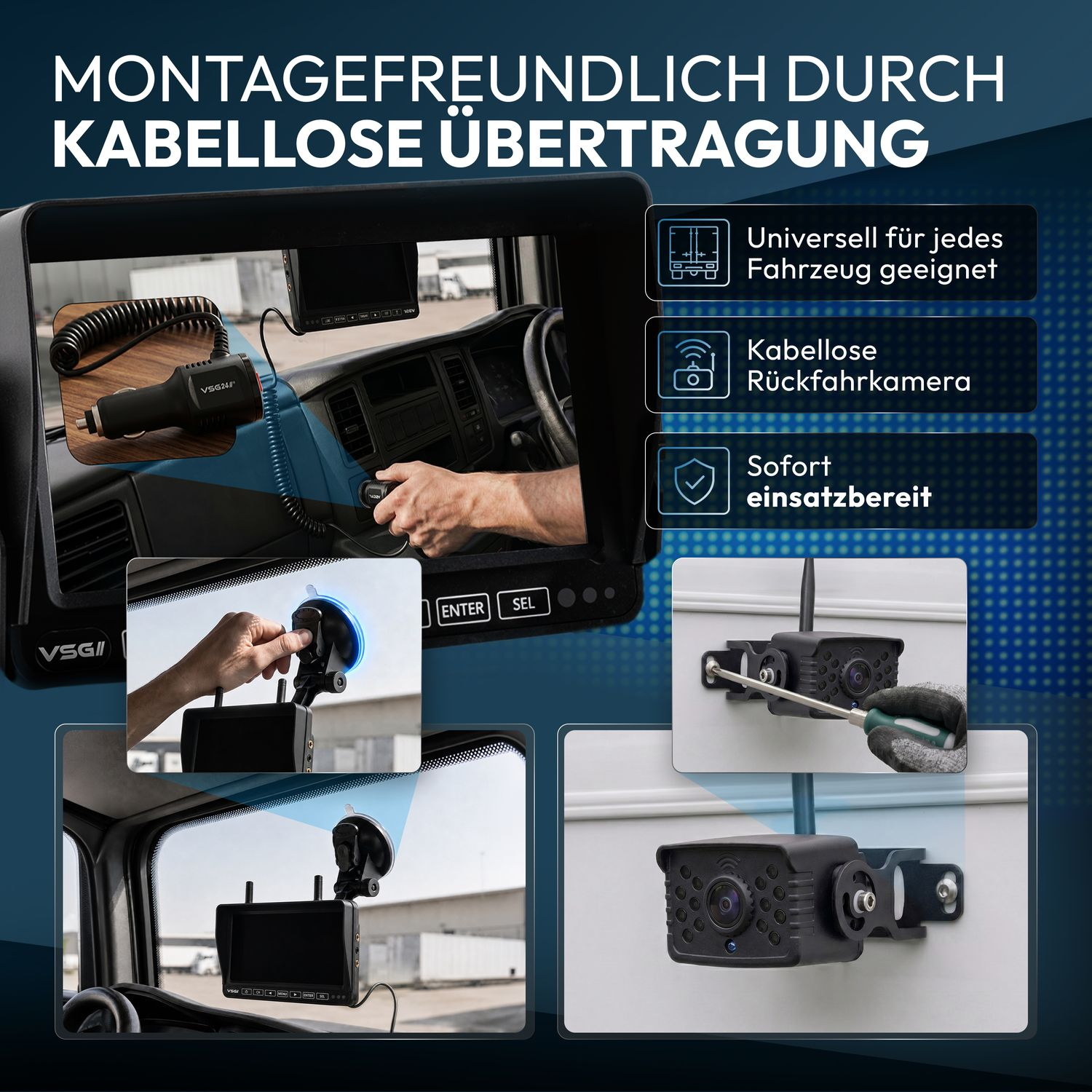 Montagefreundliche Rückfahrkamera-Installation im LKW-Innenraum und an der Außenwand.