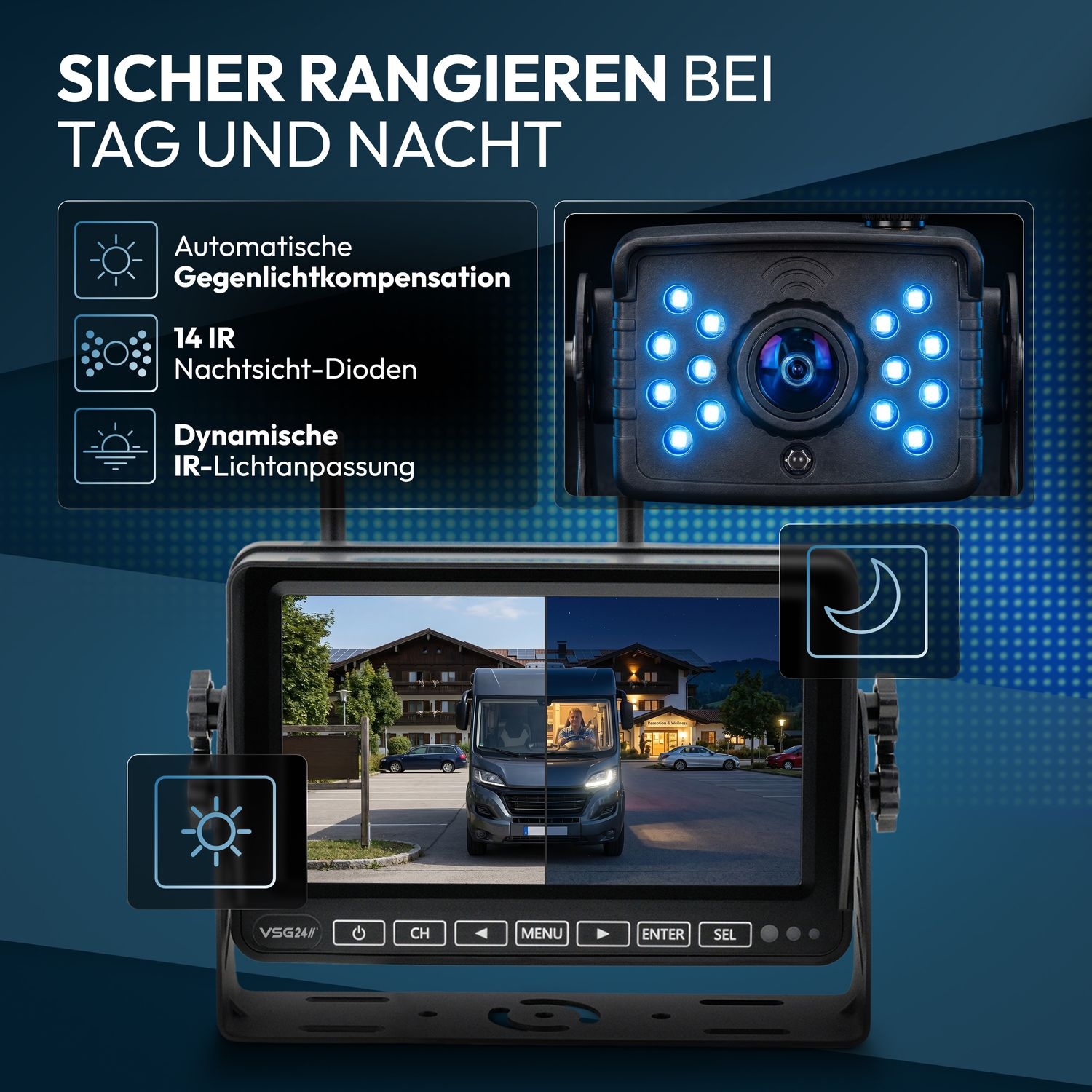 Rückfahrkamera-System mit Tag- und Nachtsicht. Zeigt automatische Gegenlichtkompensation.
