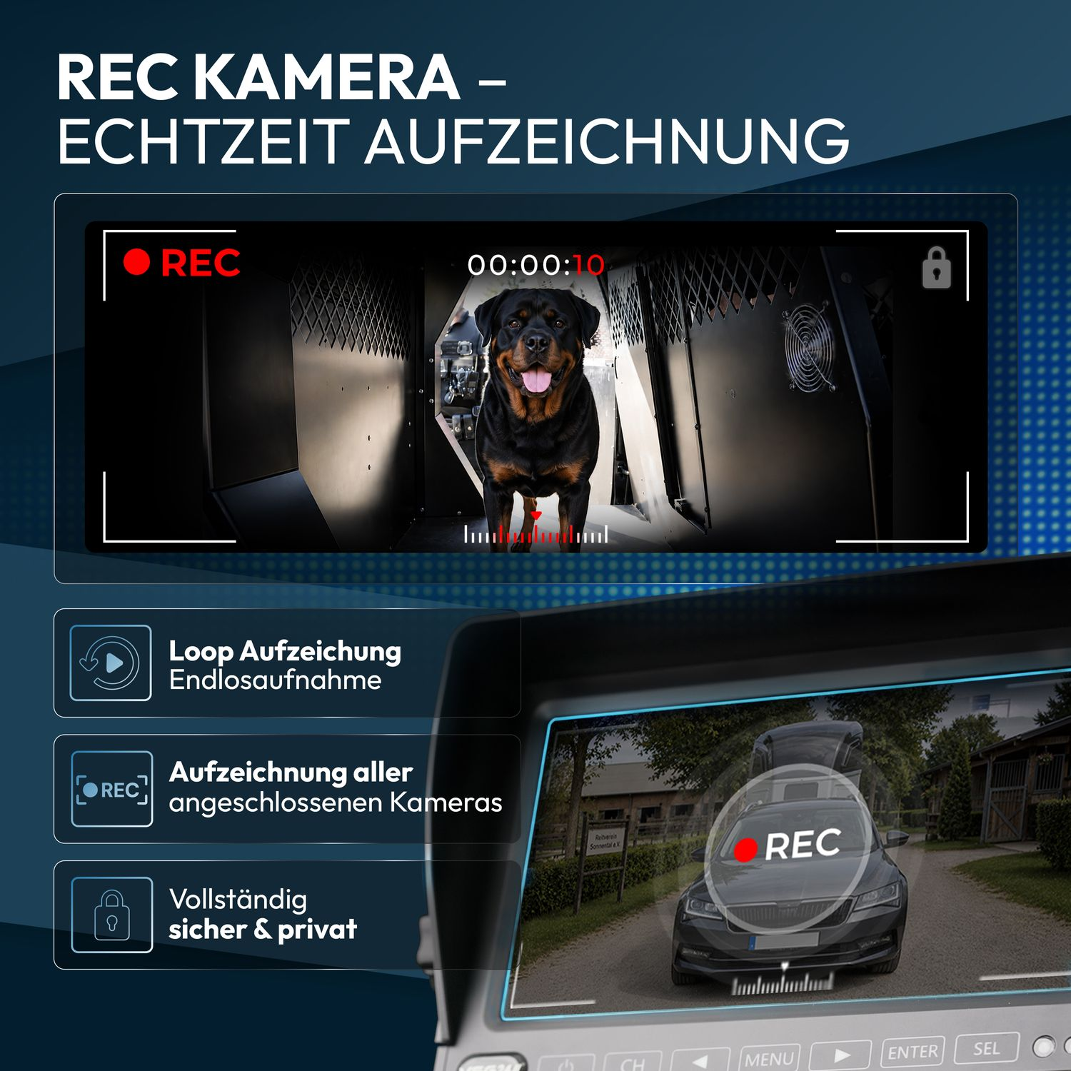 Bildschirm zeigt eine Überwachungskamera mit einem Rottweiler und einem Auto.