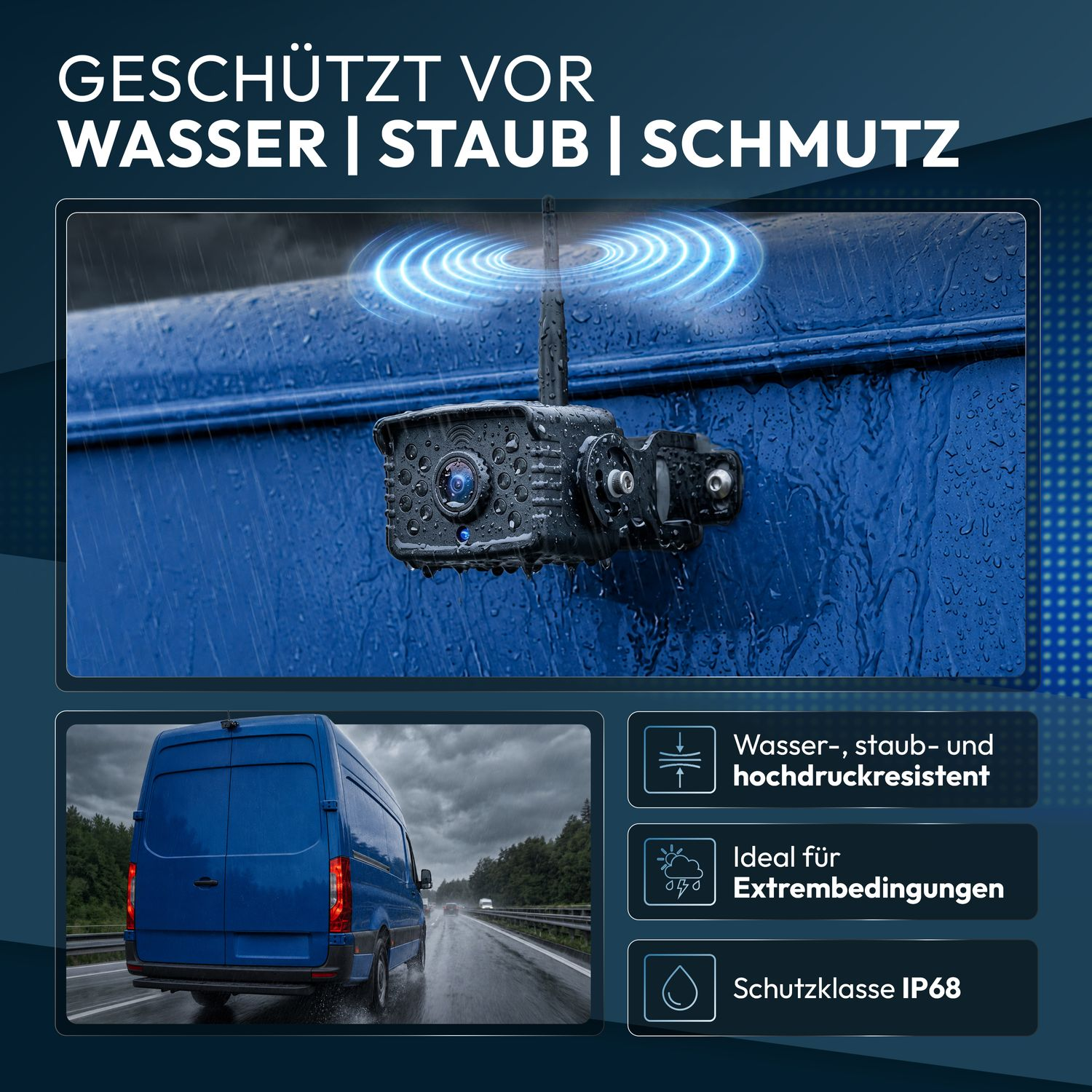 Wasserdichte Kamera an blauem Van bei Regen auf Autobahn.