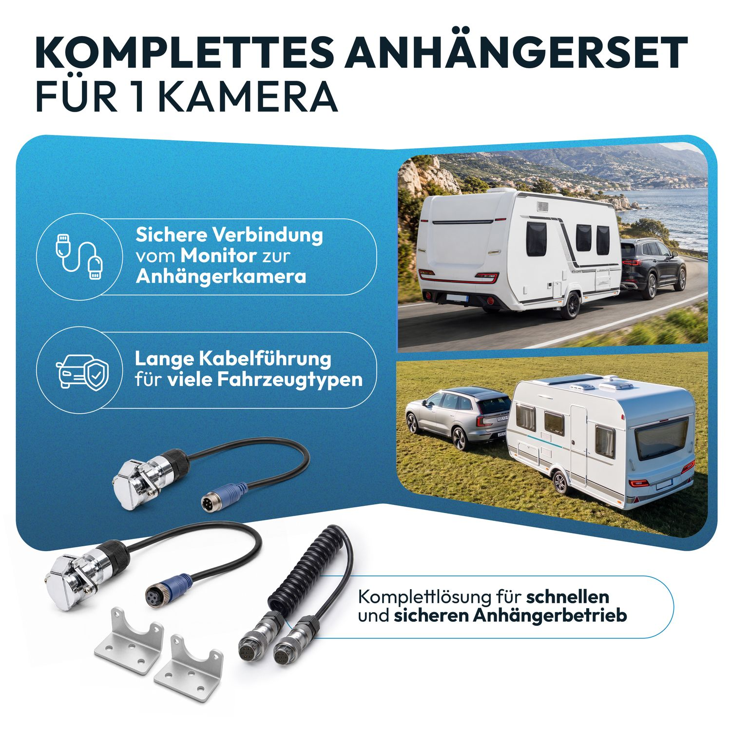 Anhänger-Set mit Kabeln und Halterungen, Wohnwagen mit Auto auf Straße und Feld.