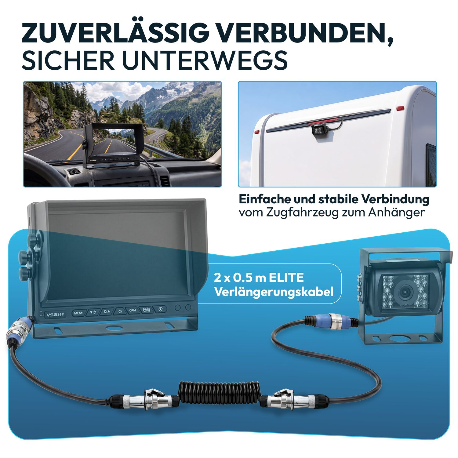 Bild zeigt ein Display, eine Rückfahrkamera und Kabel für Fahrzeuge.