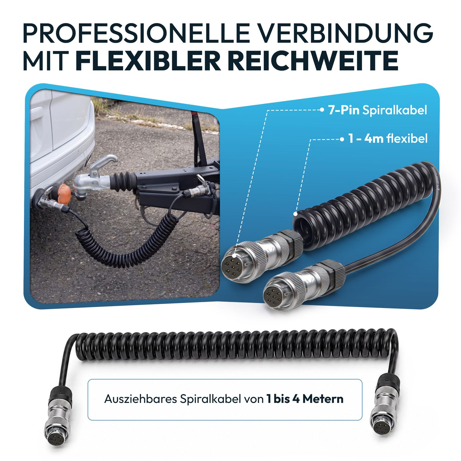 7-Pin-Spiralkabel für Anhänger, 1-4m flexibel, mit Metallsteckern.