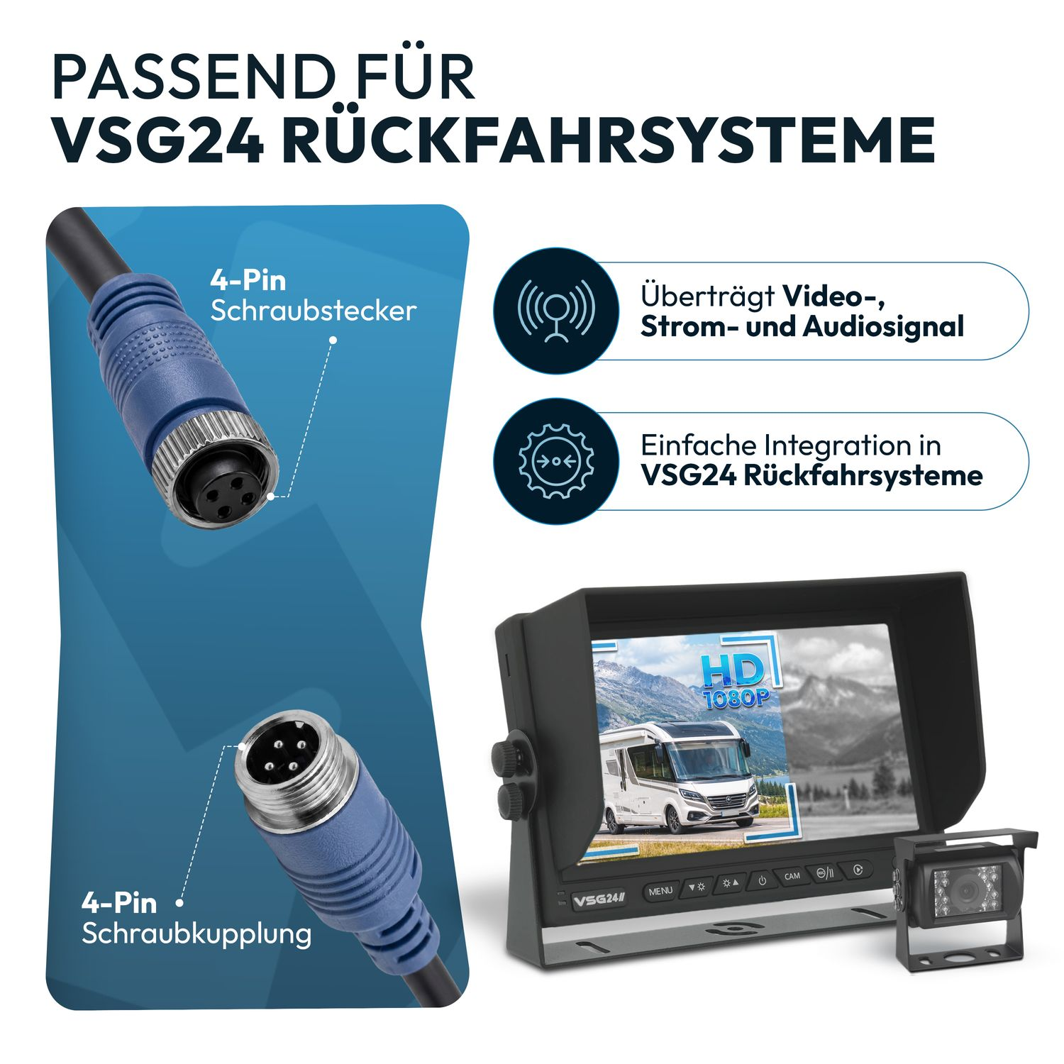 4-Pin Stecker und Kupplung für VSG24 Rückfahrsysteme mit Monitor und Kamera.