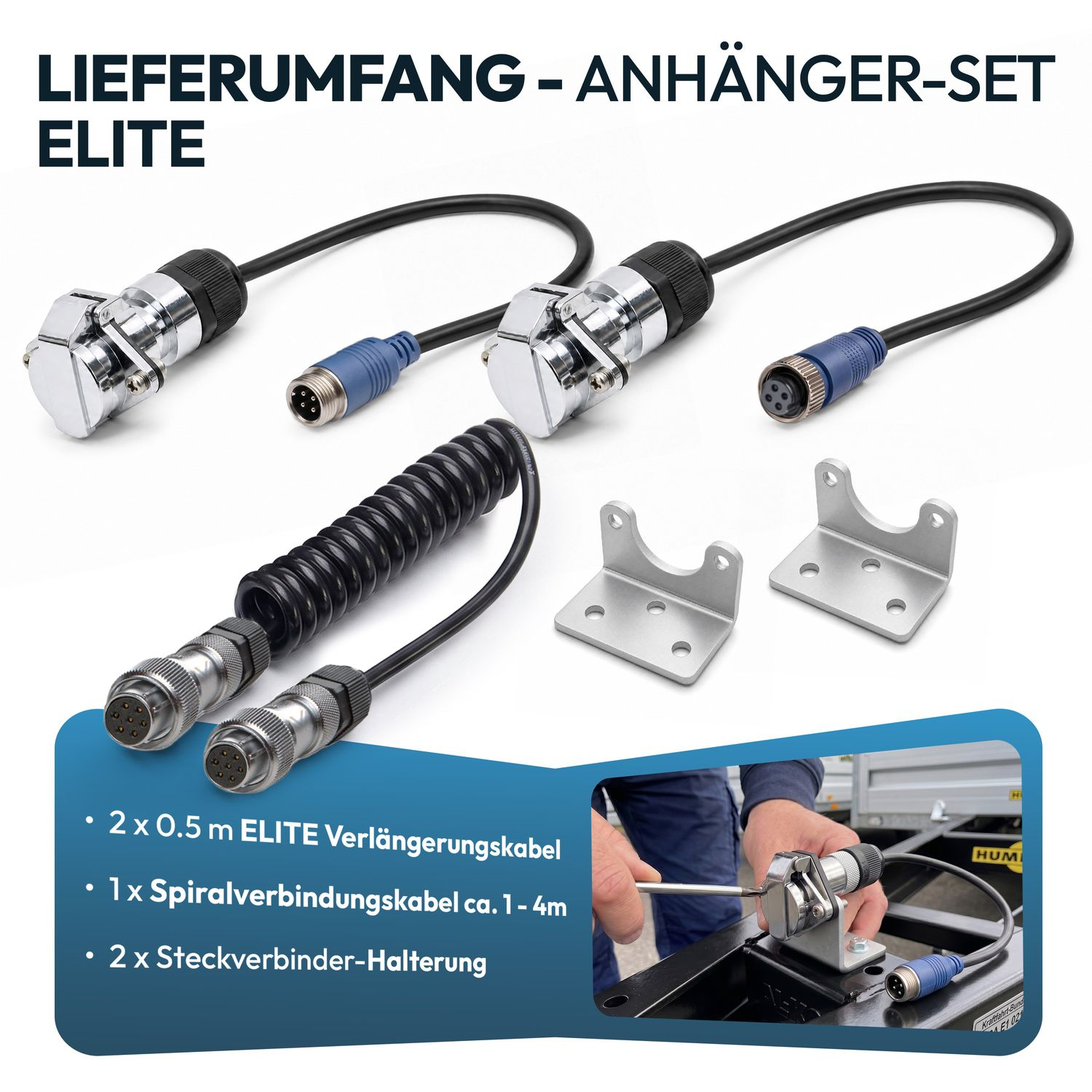 Anhänger-Set mit Kabeln und Halterungen.