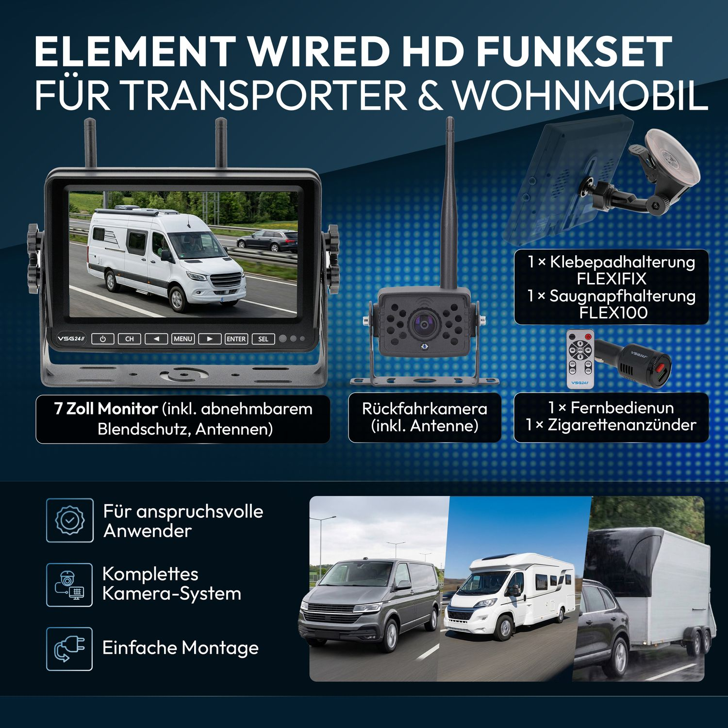 Element Wired HD Funkset für Transporter & Wohnmobil mit Monitor, Kamera und Zubehör.