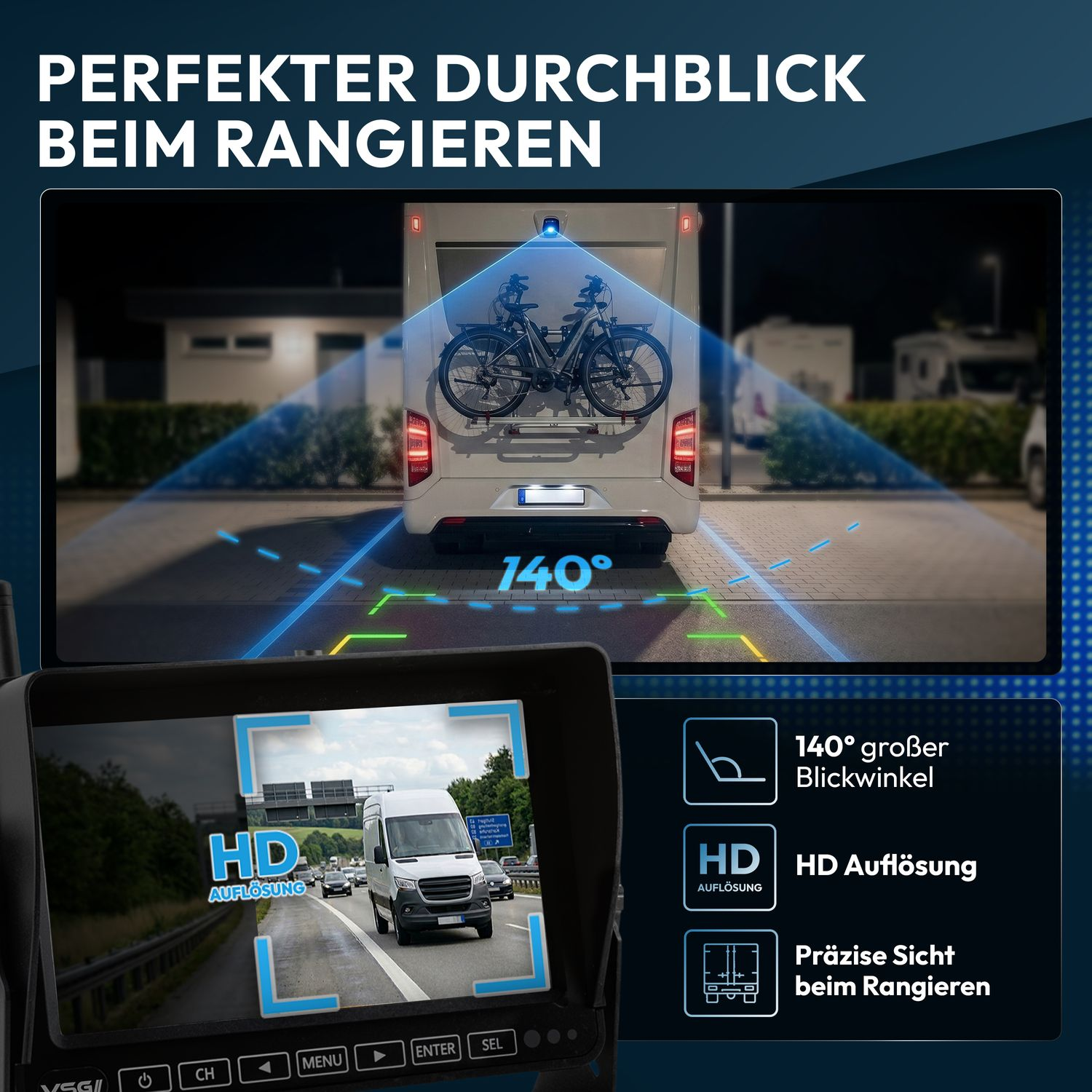 Rückfahrkameraansicht mit Hilfslinien und Wohnmobil mit Fahrrädern.