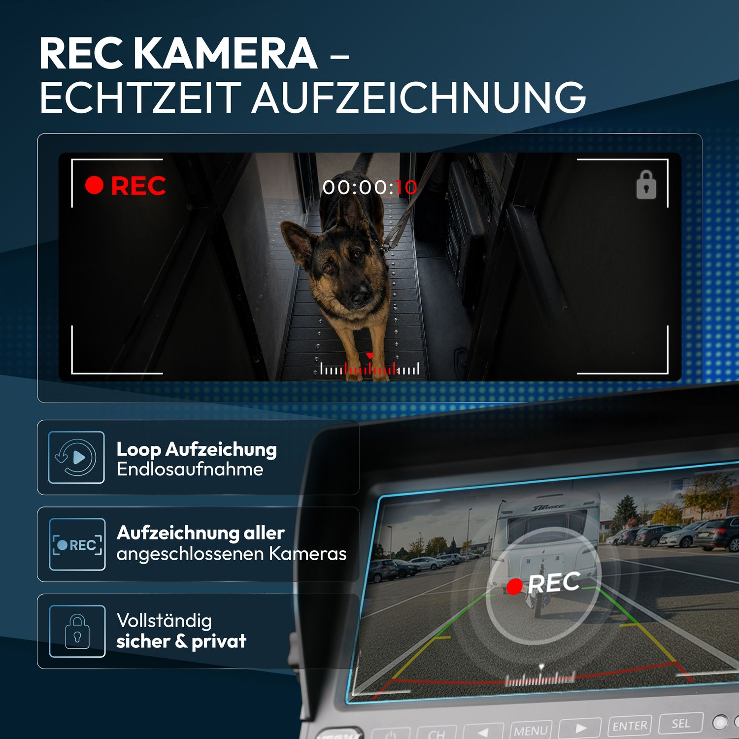Bildschirm mit Hund und Wohnwagen-Rückfahrkamera-Ansicht.