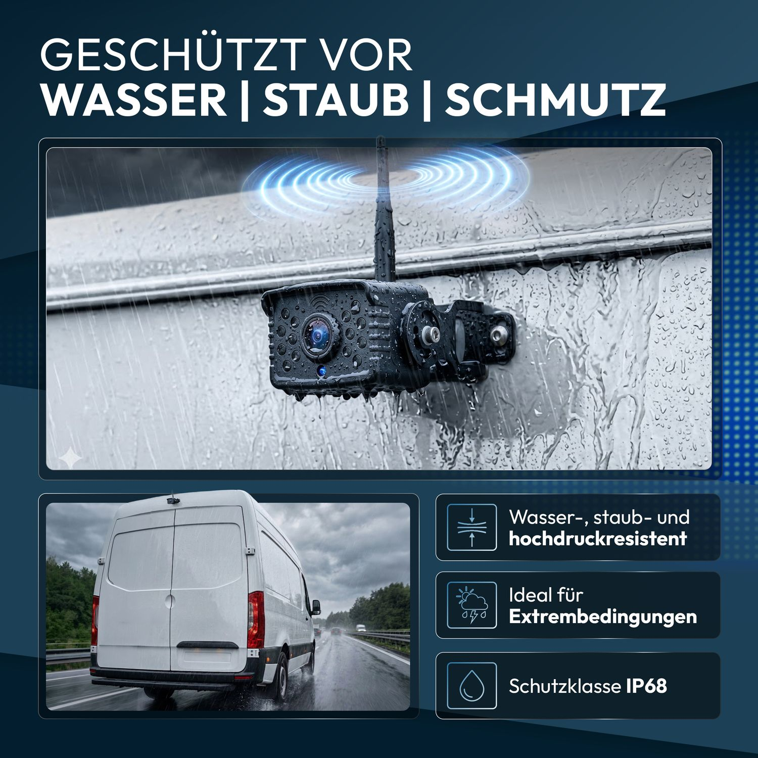 Wasserdichte Kamera an LKW mit Text über Schutz vor Wasser, Staub und Druck.