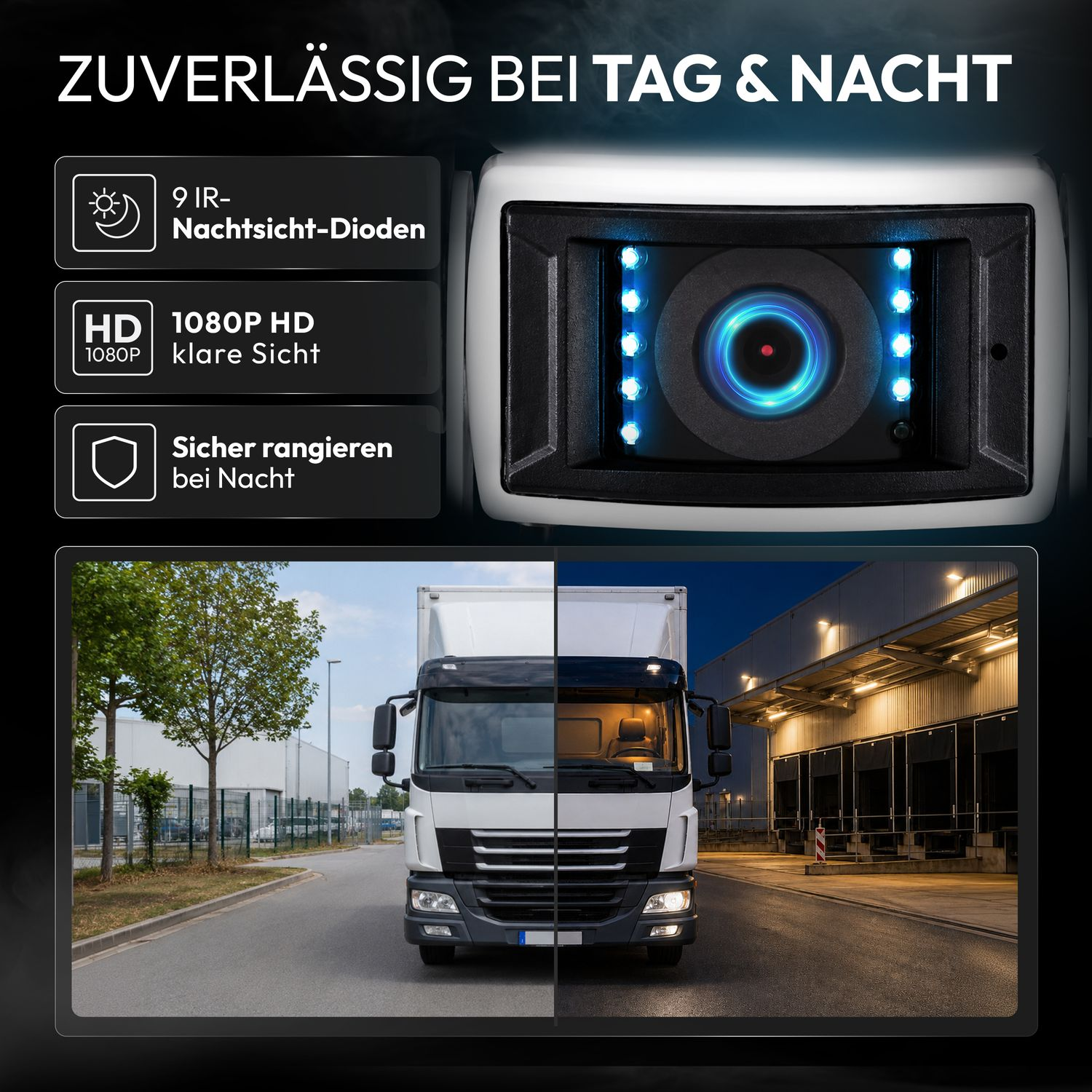 Kamera mit IR-Dioden, HD-Auflösung und Tag/Nacht-Ansicht eines LKWs.