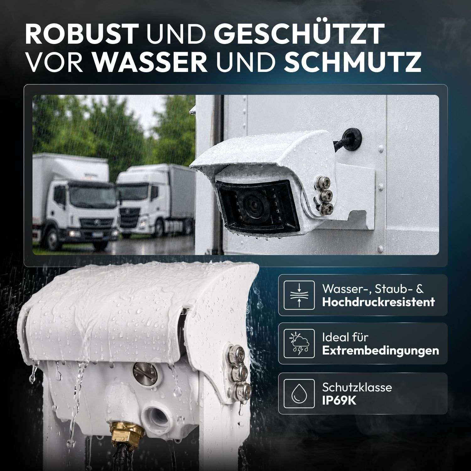 Robuste Kamera mit Wasserschutz, ideal für extreme Bedingungen, IP69K.