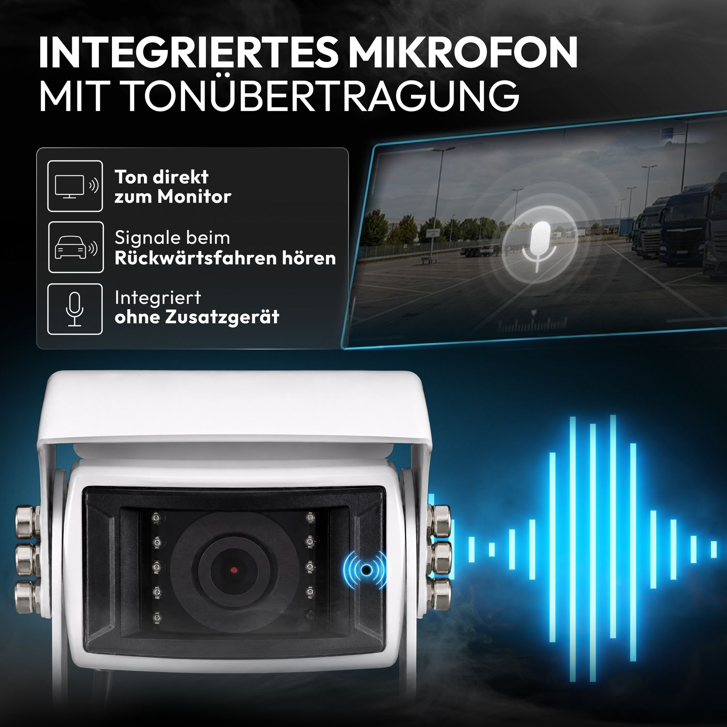Rückfahrkamera mit integriertem Mikrofon und Tonübertragung. LKW-Parkplatzansicht.