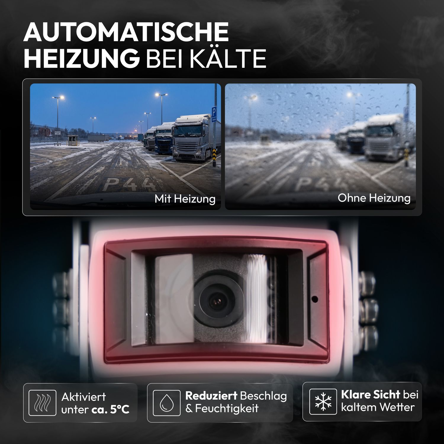 Automatische Heizung bei Kälte: LKW mit Heizung und ohne Heizung, Nahaufnahme der Kamera.