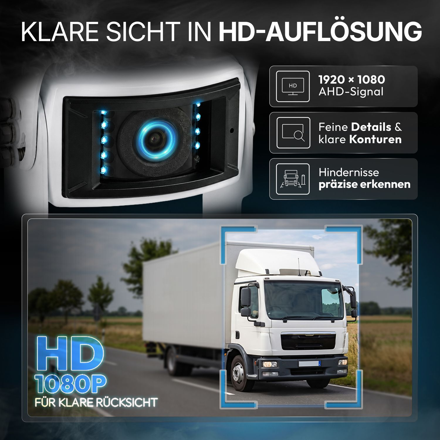 Ein LKW mit Anhänger fährt auf einer Straße, Nahaufnahme einer Rückfahrkamera.