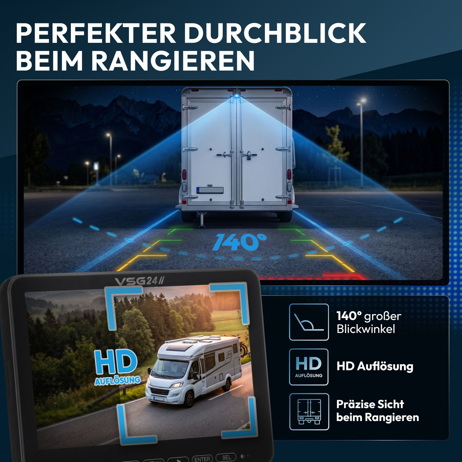 Rückfahrkamera-Display mit Wohnmobilansicht und Parkhilfslinien.