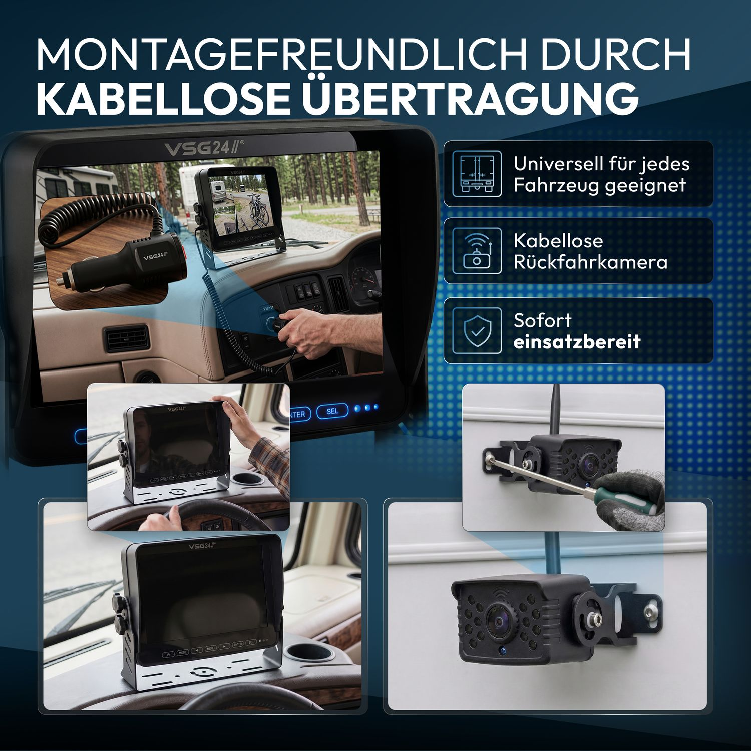 RV-Innenraum mit Monitor und Zubehör. Kameras werden montiert.