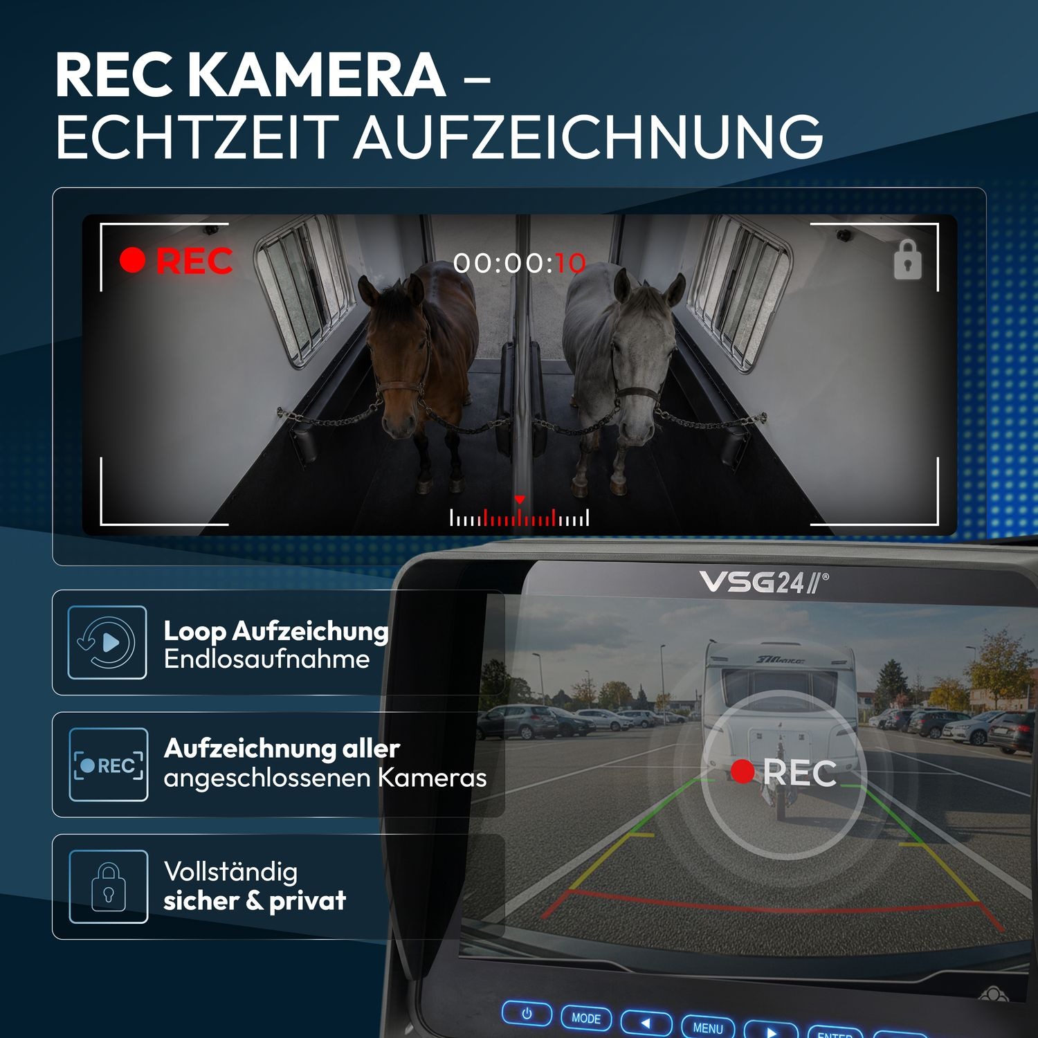 Bildschirm zeigt Pferde im Anhänger und Rückfahrkamera mit Wohnwagen.