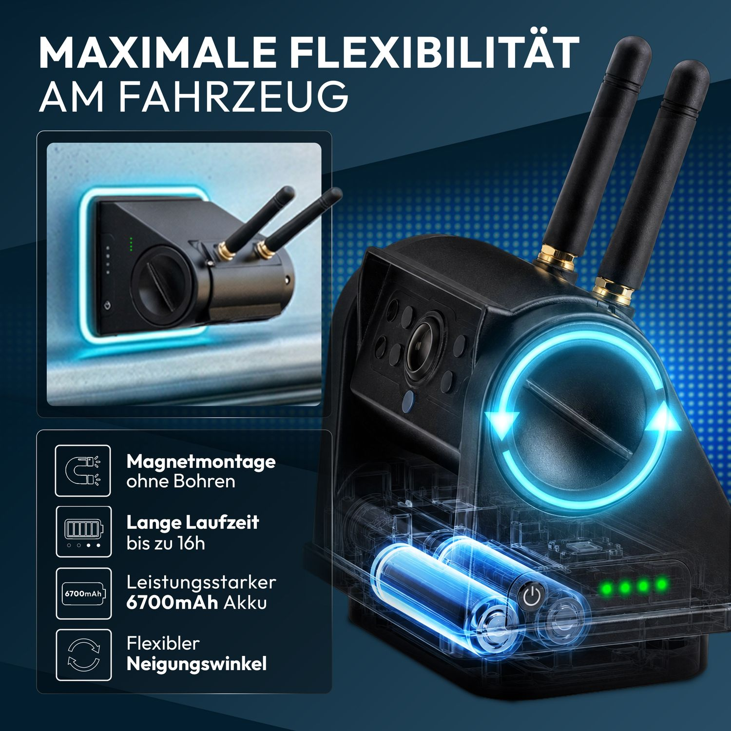 Schwarzes Gerät mit Antennen, Magnetmontage, langer Laufzeit & Akku.