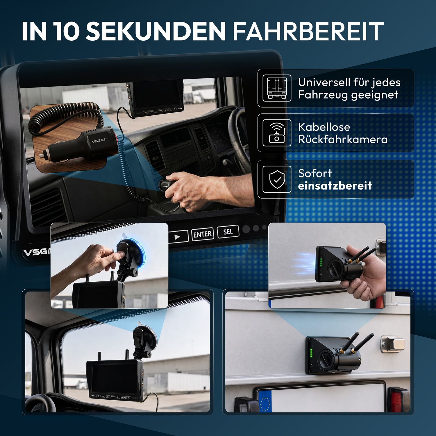 Rückfahrkamera-System für LKW, mit Bildschirm und Kamera. Einfache Montage.