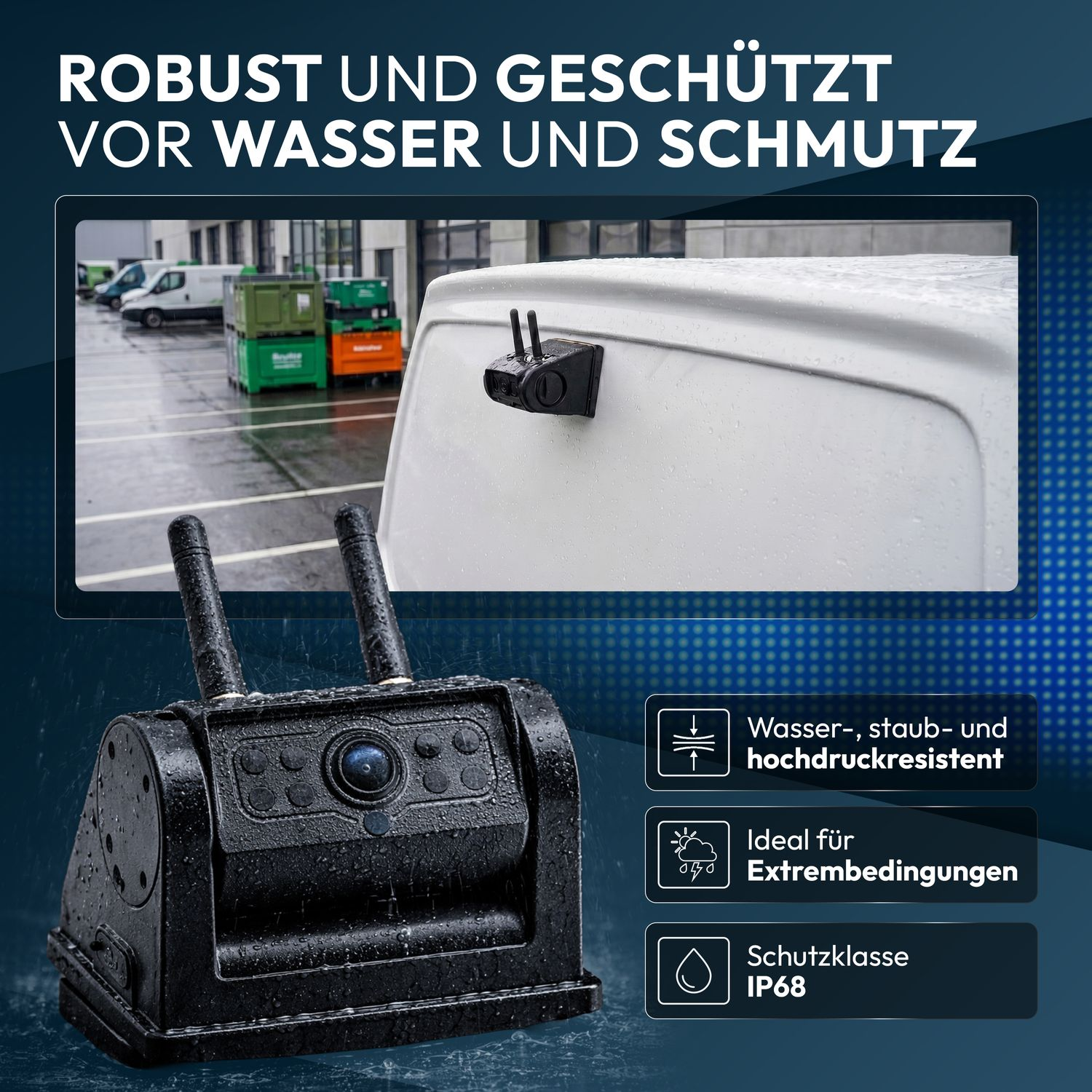 Robuste Kamera ist wasser-, staub- und hochdruckresistent, ideal für Extrembedingungen.