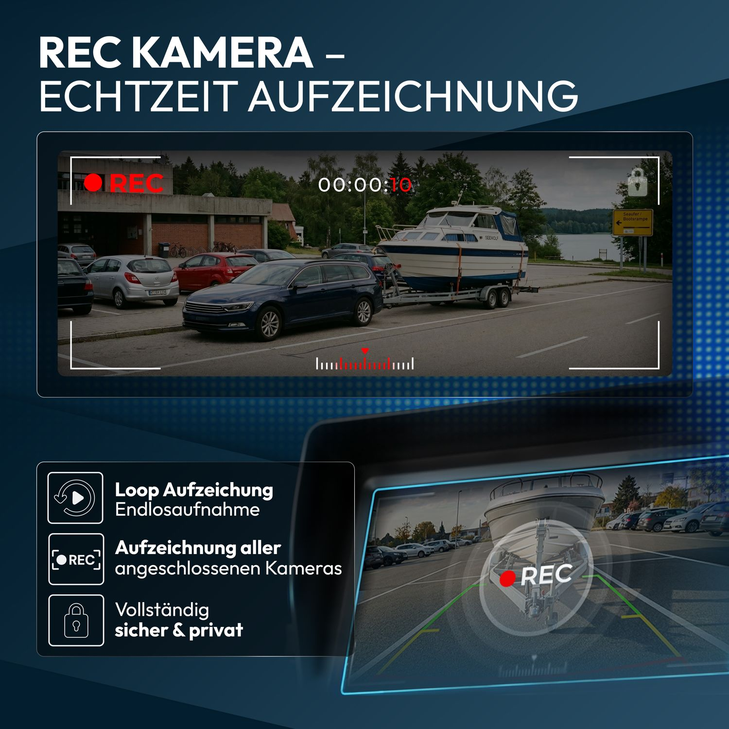 Eine REC-Kamera zeigt ein Boot auf einem Anhänger in einem Parkhaus.