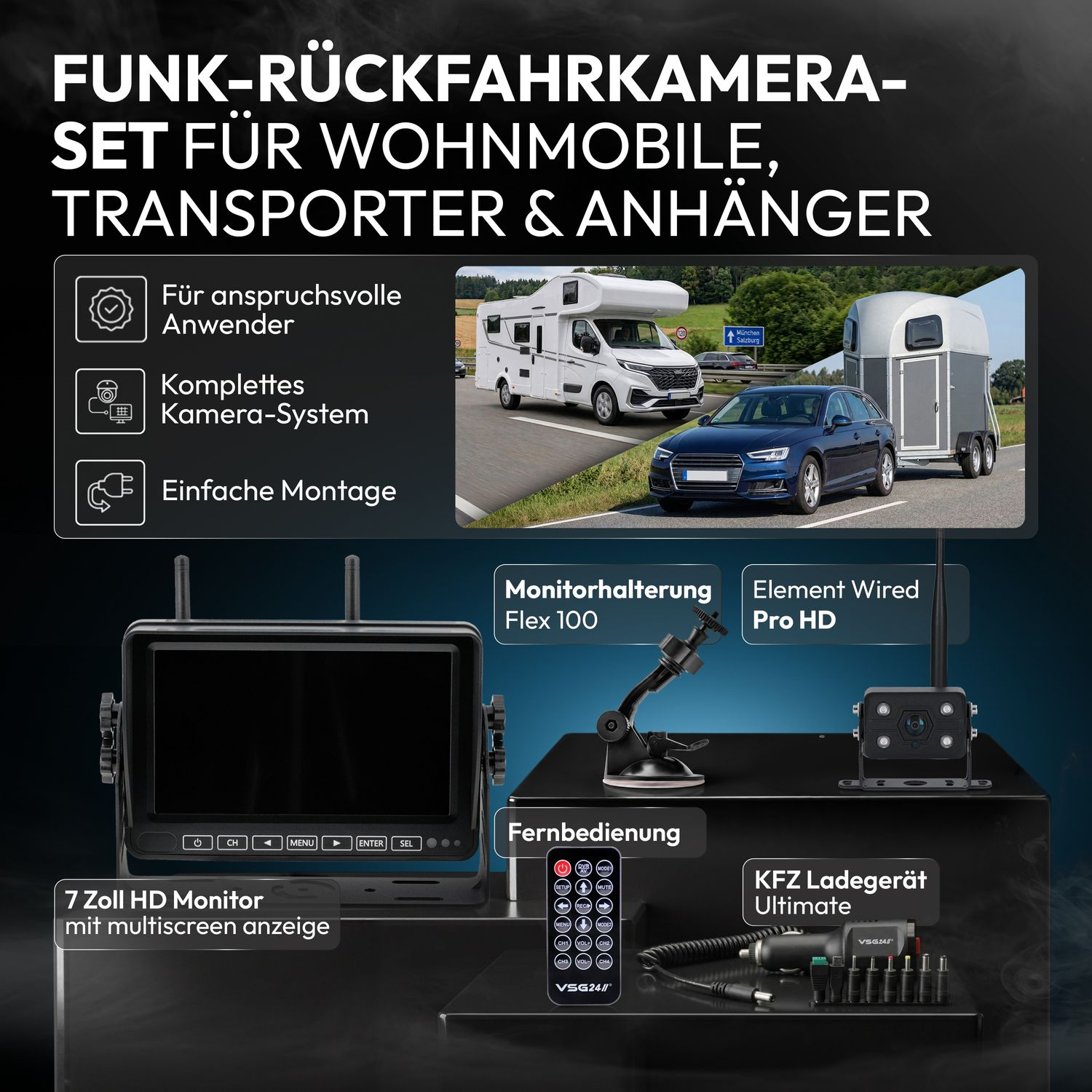 Rückfahrkamera-Set für Wohnmobile, Transporter, Anhänger mit Monitor, Halterung, Kamera, Fernbedienung und Ladegerät.