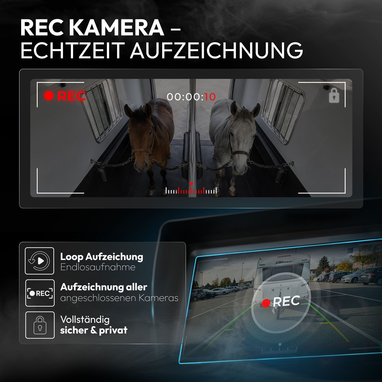 Zwei Pferde in einem Anhänger, Aufnahme läuft. Unten Ansicht einer Rückfahrkamera.