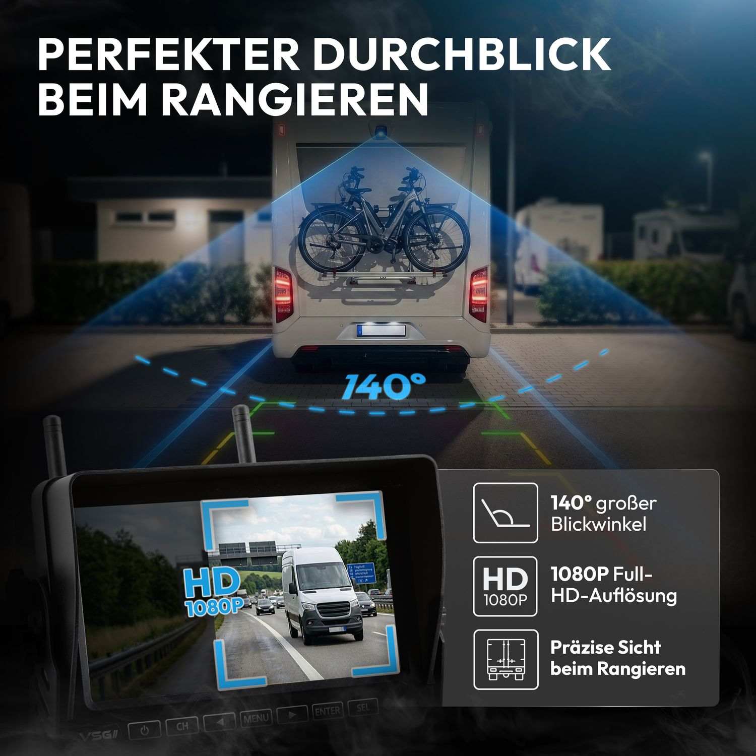 Rückfahrkamera zeigt Wohnmobil mit Fahrrädern, HD-Bildschirm mit Verkehr.