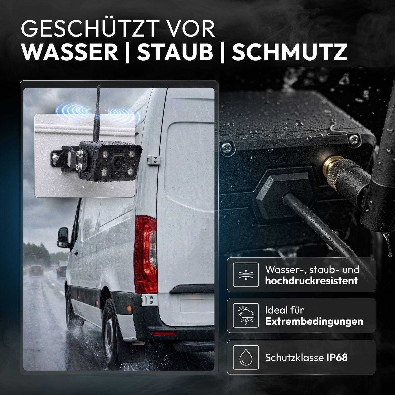 Wasserdichte Kamera an einem Van, ideal für extreme Bedingungen.
