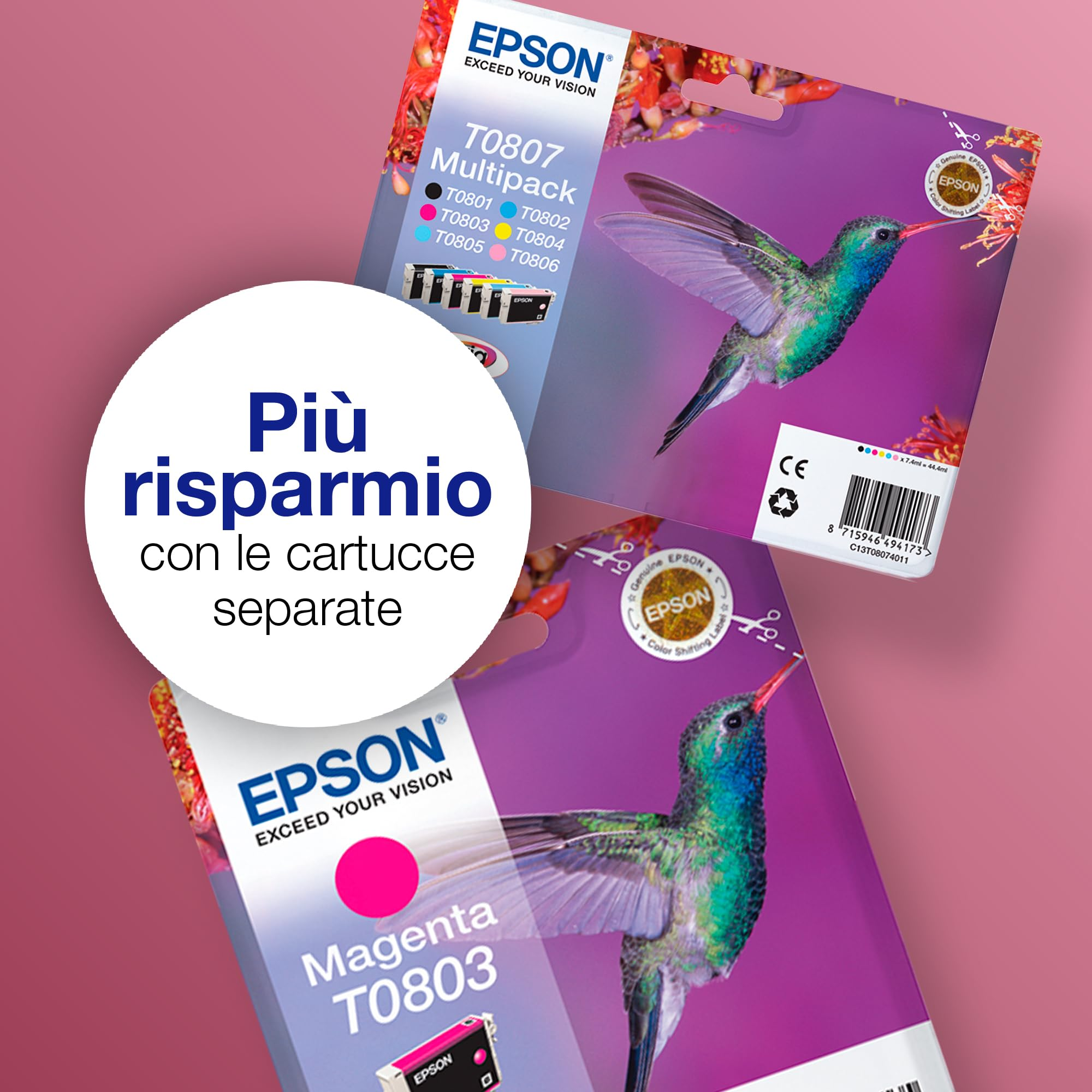 Due confezioni di inchiostro Epson con colibrì, un multipack e una singola inchiostro magenta.