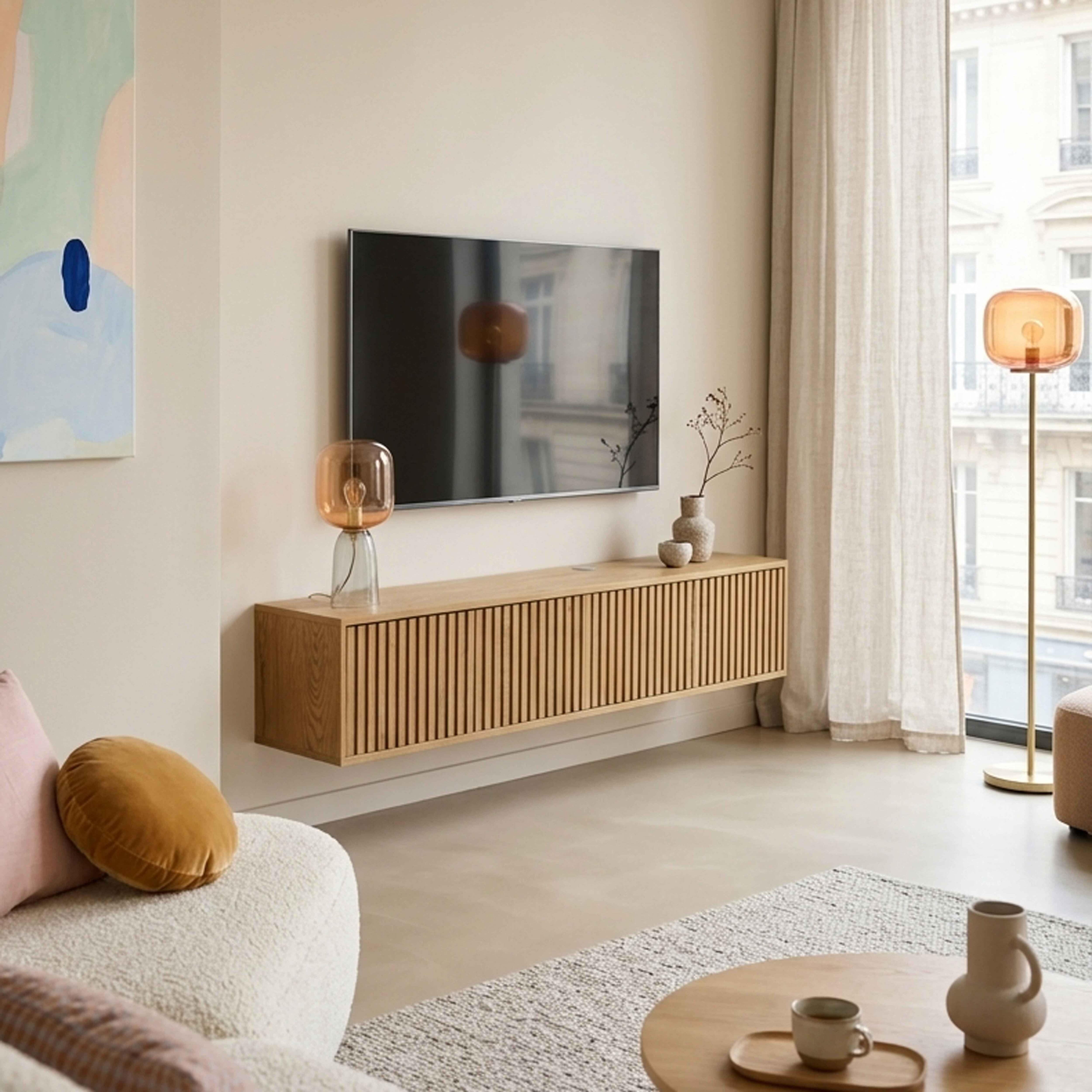 Modernes Wohnzimmer mit Wand-TV, Holzkonsolenmöbel, orangefarbener Lampe.