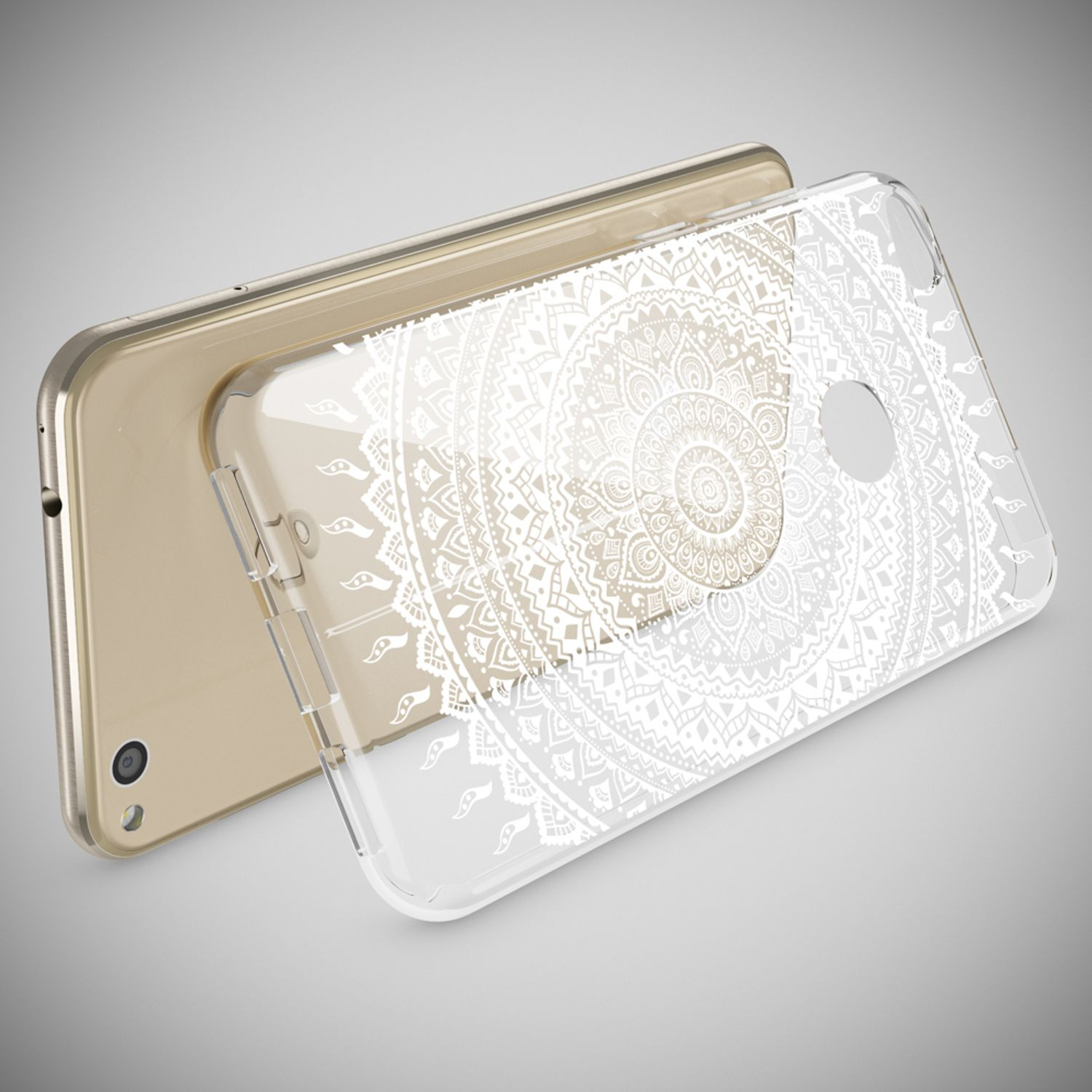 Ein transparentes Handyhülle mit weißem Mandala-Muster auf einem goldenen Handy.