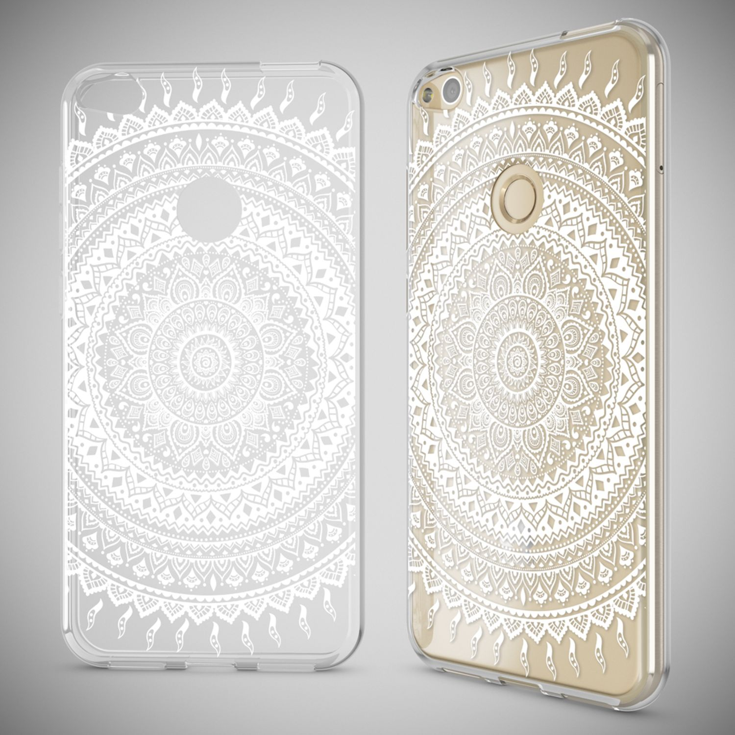 Zwei durchsichtige Handyhüllen mit weißem Mandala-Muster auf grauem Hintergrund.
