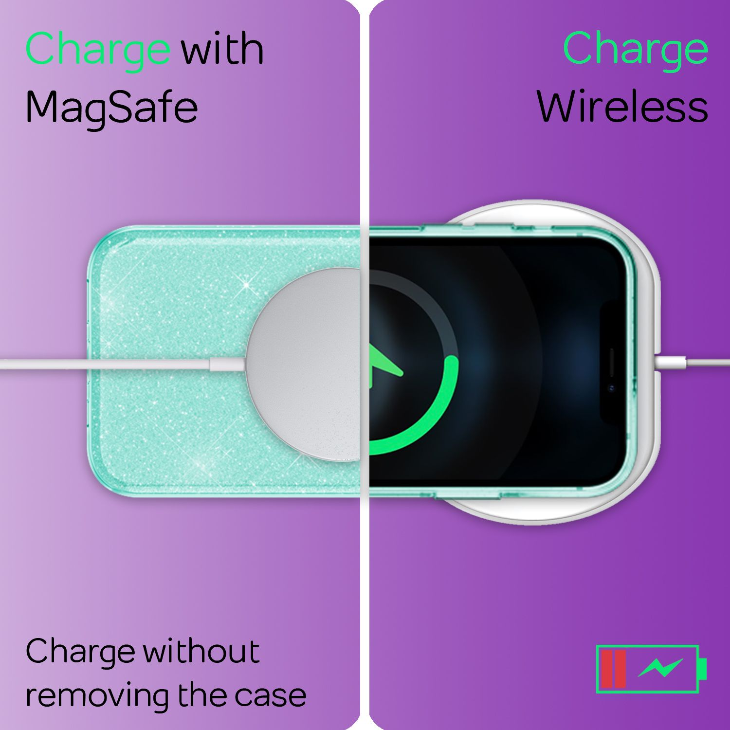 iPhone con caricatore MagSafe e caricatore wireless su sfondo viola.