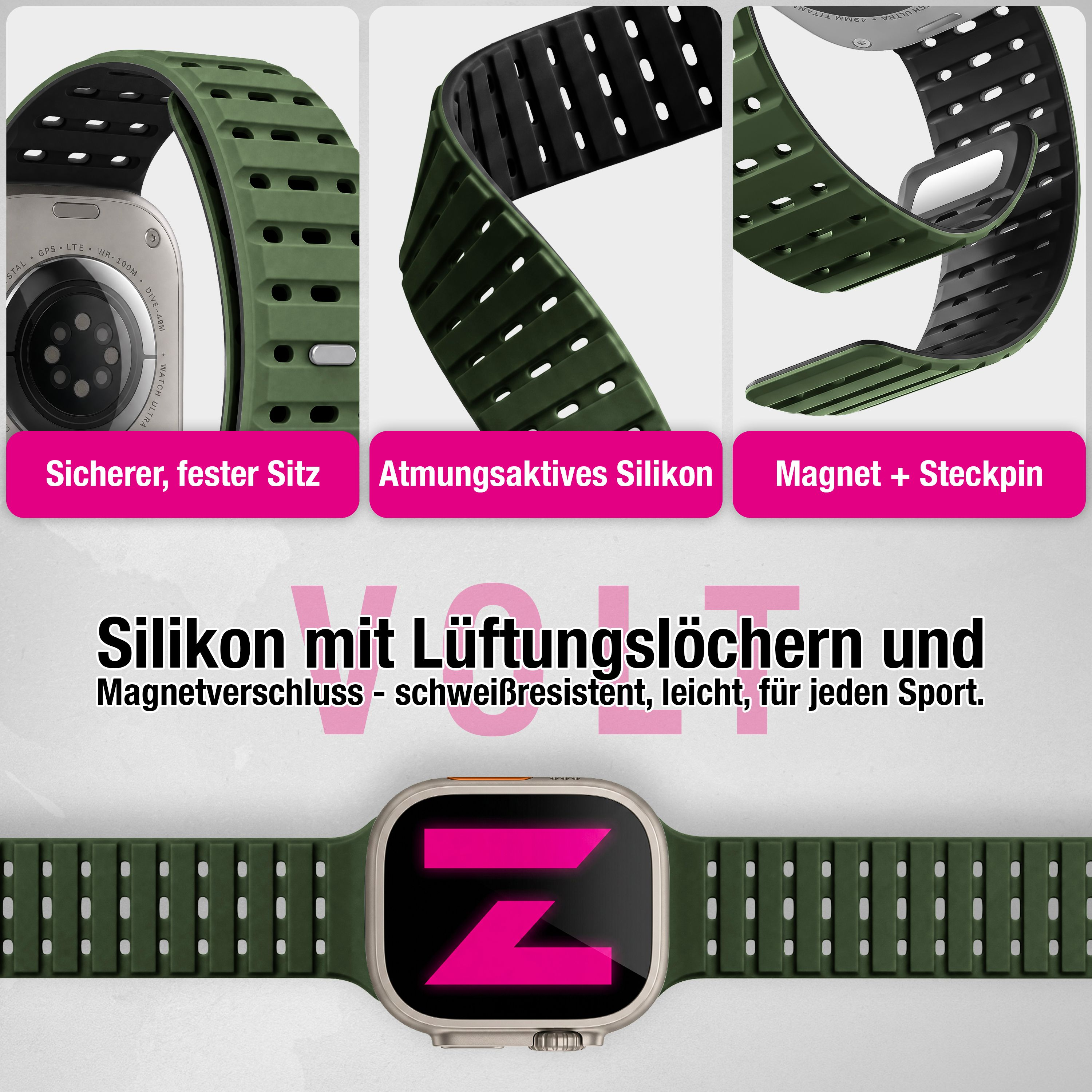 Cinturino in silicone verde con fori di ventilazione e chiusura magnetica per smartwatch.