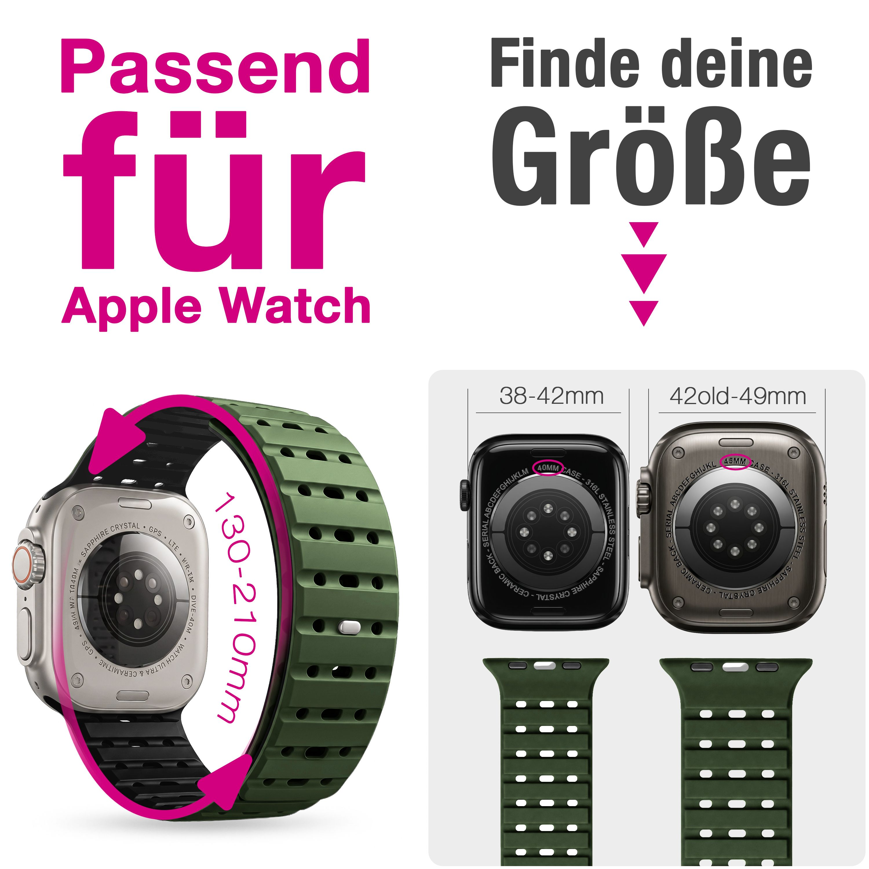 Cinturino verde per Apple Watch, 130-210mm. Misure 38-49mm.