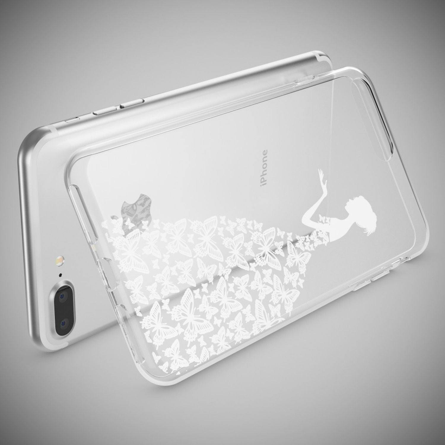 Ein durchsichtiges iPhone-Hülle mit Schmetterlingsmuster und einer Frau.