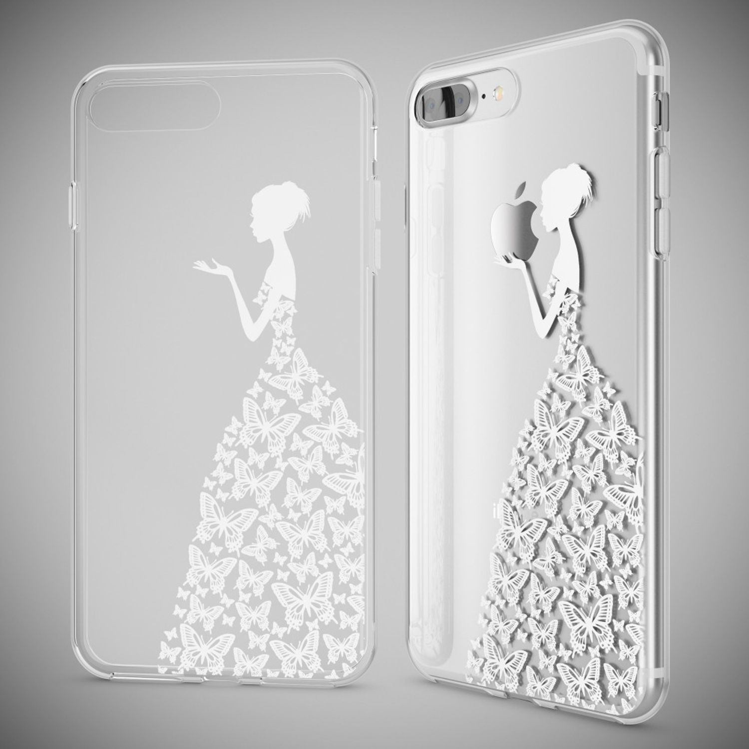 Transparente Handyhüllen mit Schmetterlingsmuster und Frauenfigur.