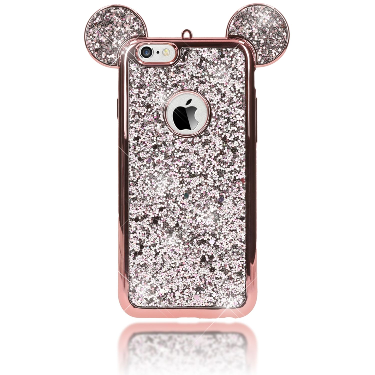 Ein glitzernder iPhone-Hülle mit Mickey-Ohren im Rosen-Gold-Rahmen.