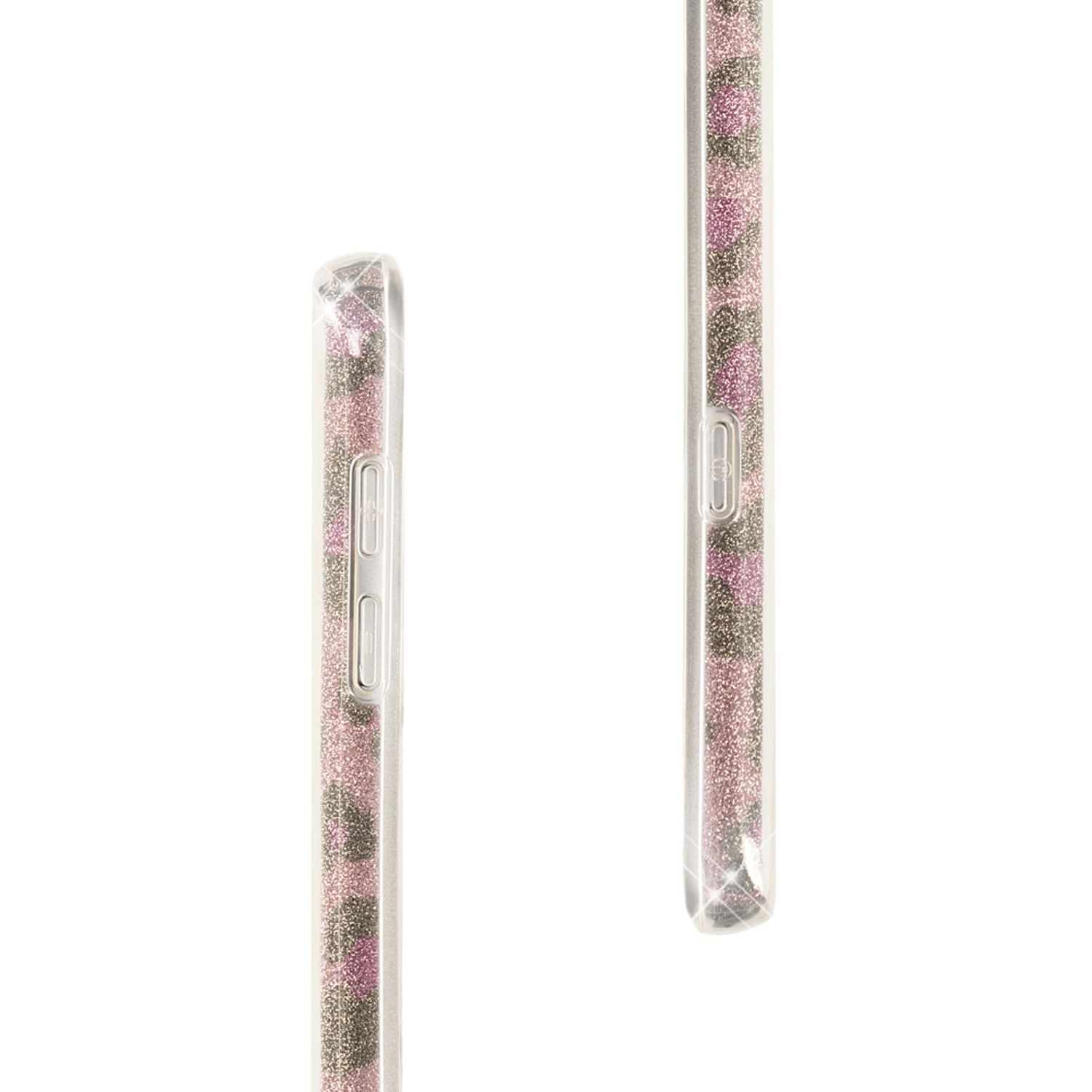 Zwei Handyhüllen mit Glitzer in Rosa und Gold, auf weißem Hintergrund.