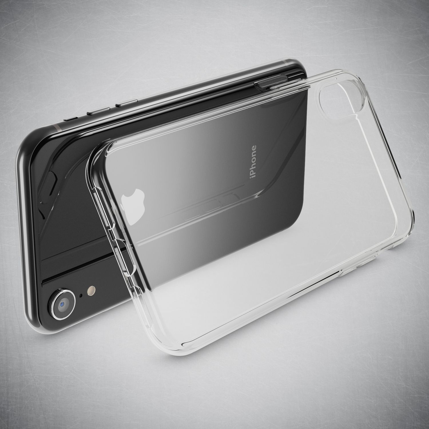 Eine durchsichtige iPhone-Hülle liegt auf einem schwarzen iPhone und zeigt das Apple-Logo.
