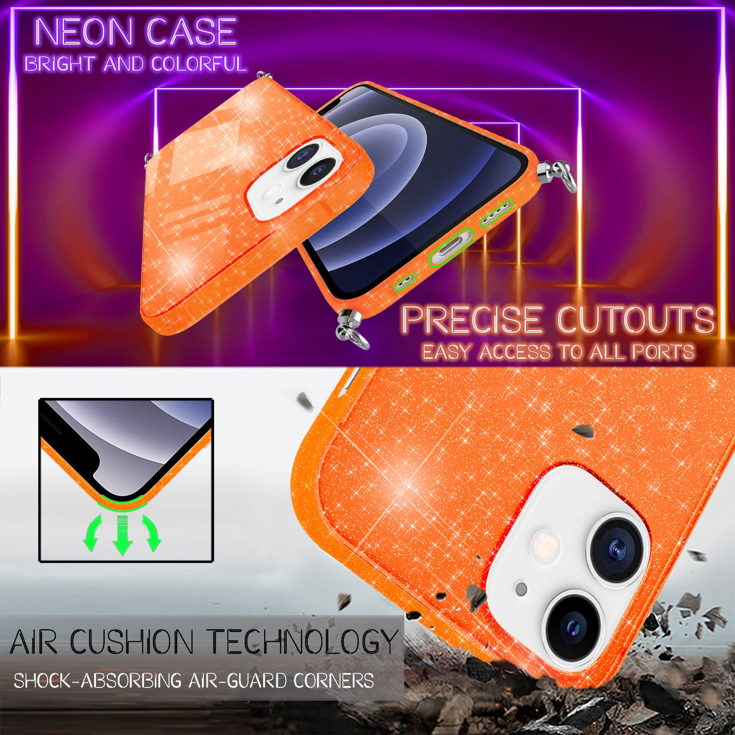 Custodia arancione glitterata con ritagli precisi e tecnologia ammortizzante.