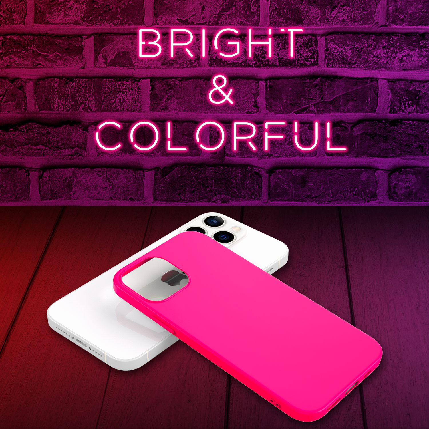 Uno smartphone bianco con custodia rosa acceso su un tavolo di legno.