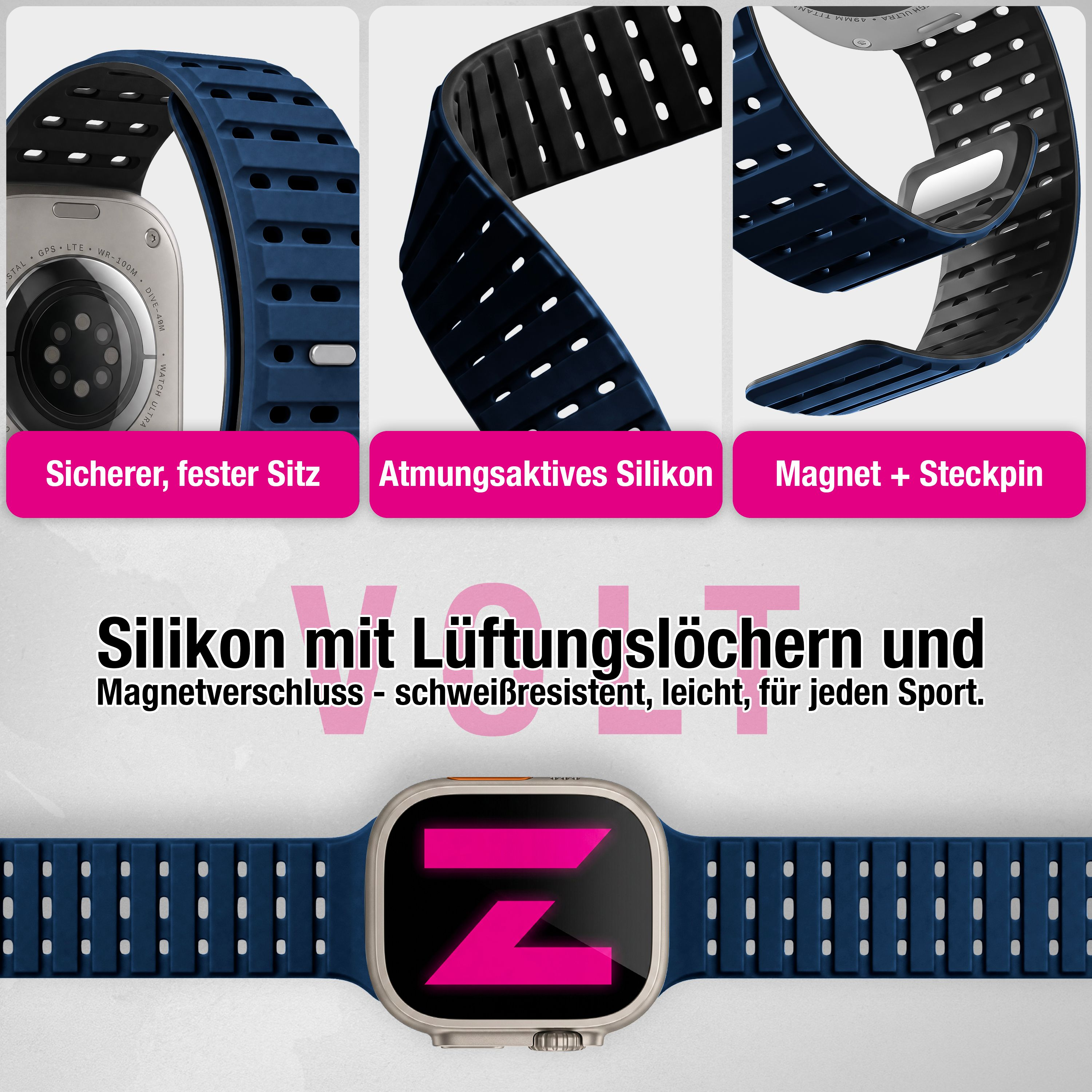 Bracciale blu per smartwatch con fori di ventilazione e chiusura magnetica.