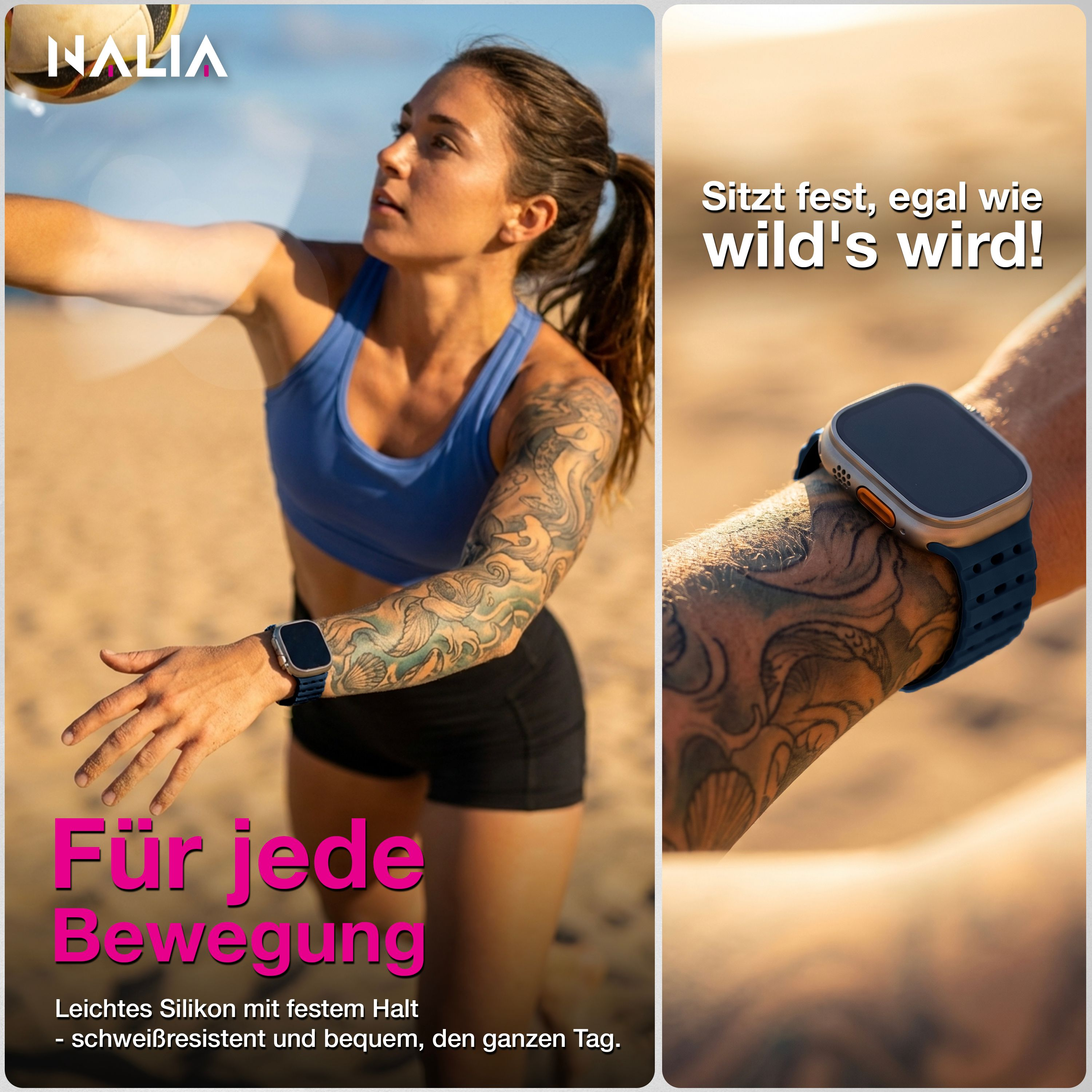 Donna con tatuaggi indossa abbigliamento sportivo blu, un orologio al polso.